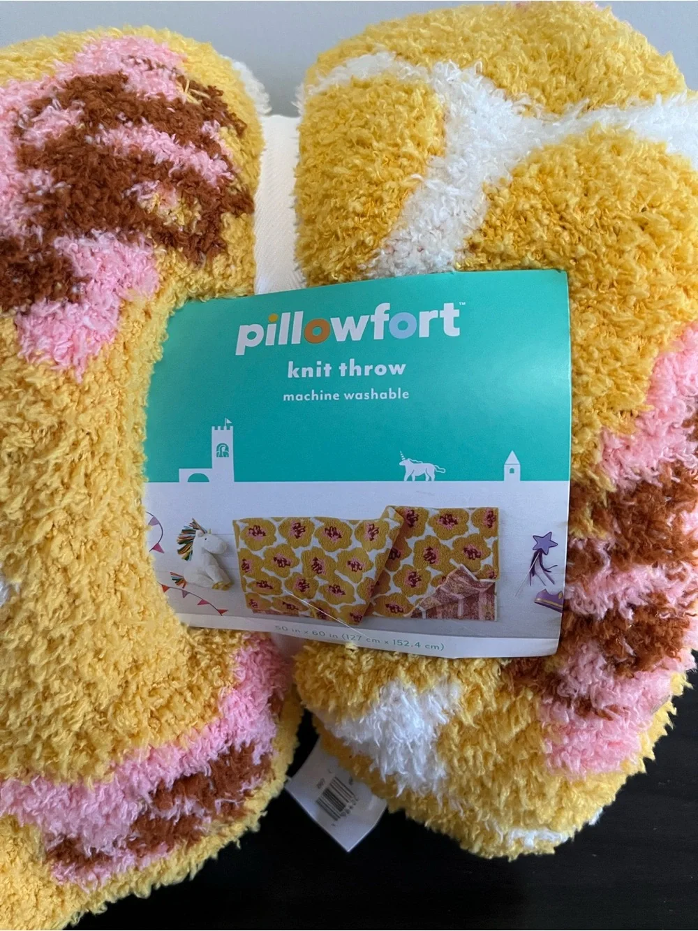 Pillowfort Yellow Plush Knit Throw with Pink White and Maroon Flower Accents